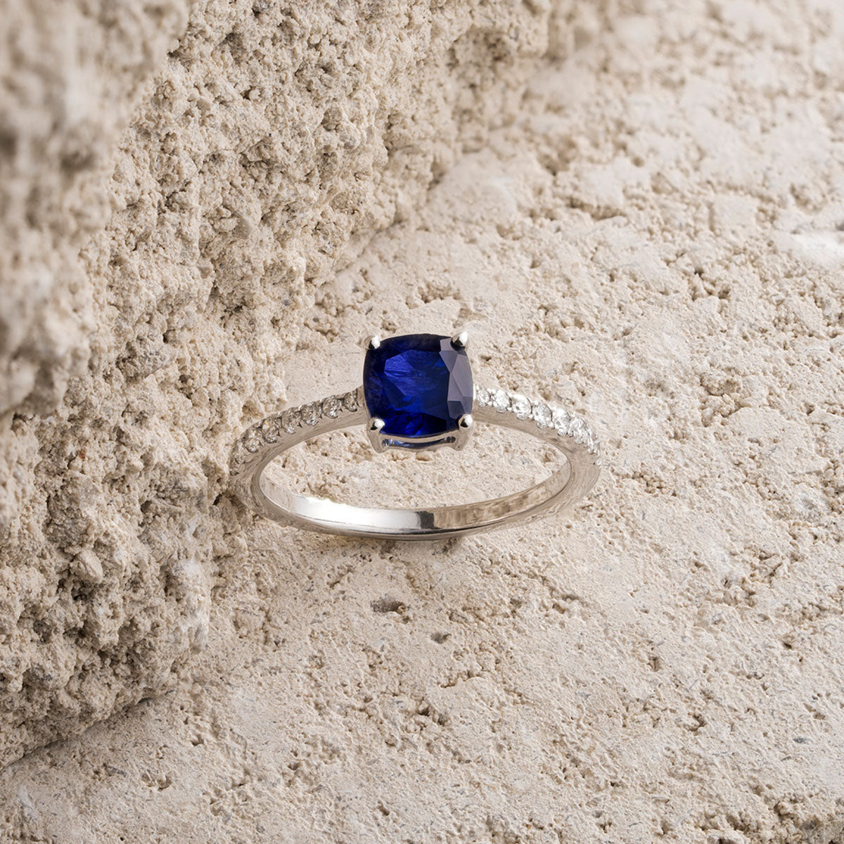 Astra 2.30ct Lab Sapphire and Diamond Shoulder Set Cushion Cut Ring in Silver